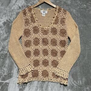 Once Again Crochet Knit Floral Tunic Long Sleeve Top Womens M Boho Cottagecore